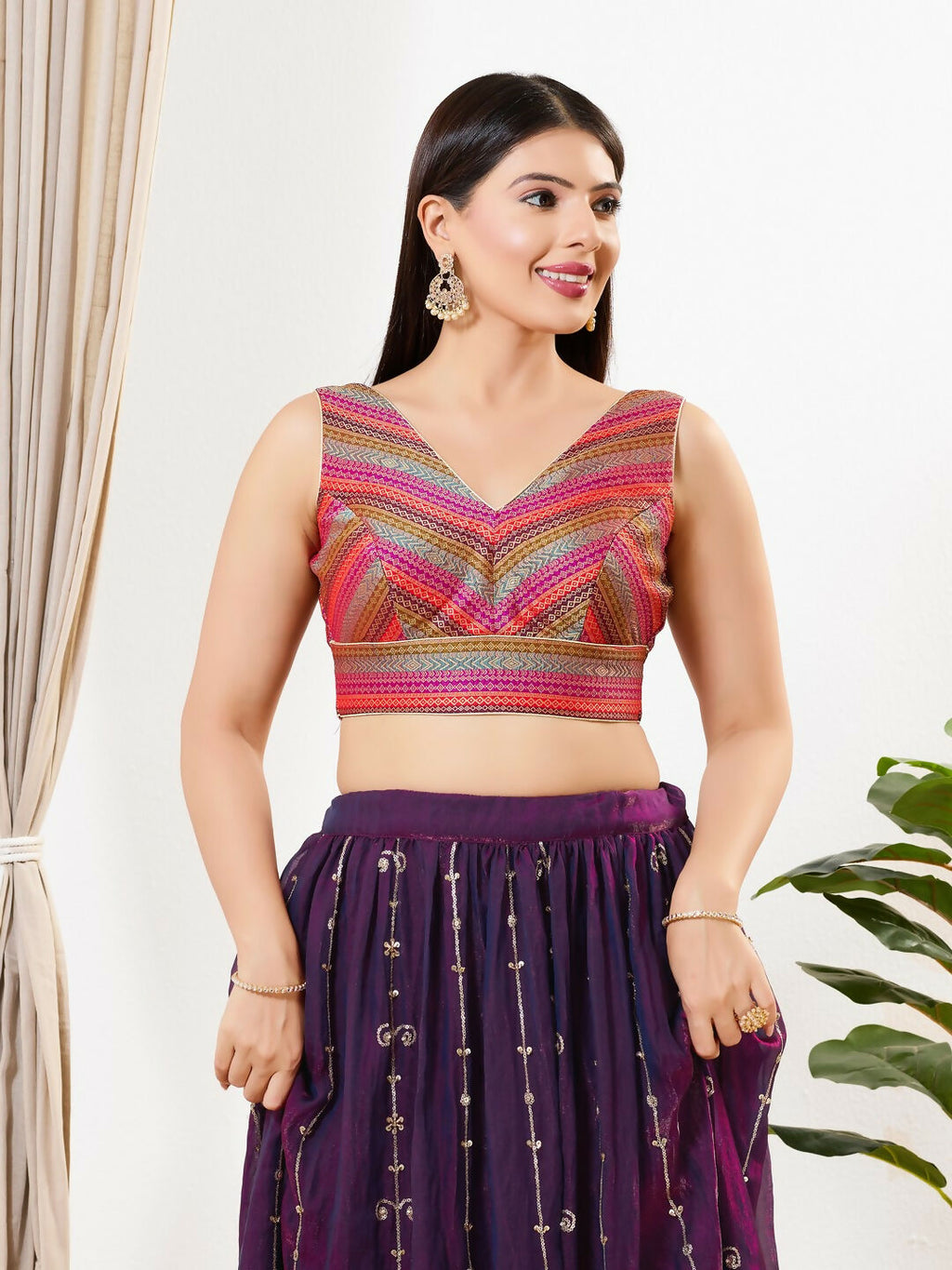 Joban Fashion Magenta Multi Brocade Padded Blouse With V Neck Sleeveless