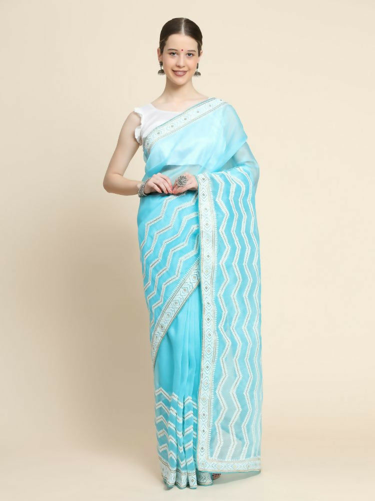 Vamsee Banno Lehriya Sky Organza Saree