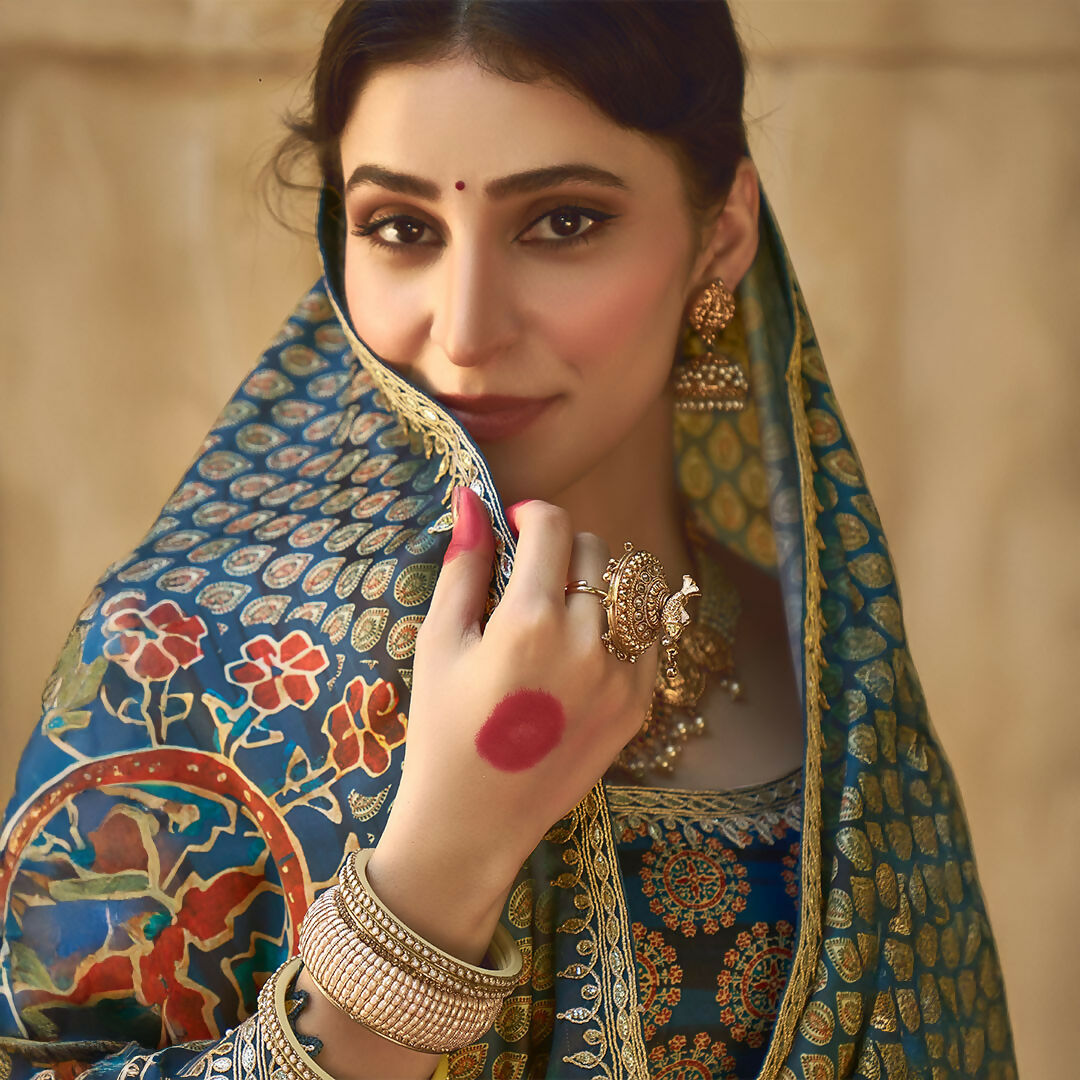 Navy Blue Gajji Silk Gota With Handwork Saree With Unstitched Blouse - Norita Gajri