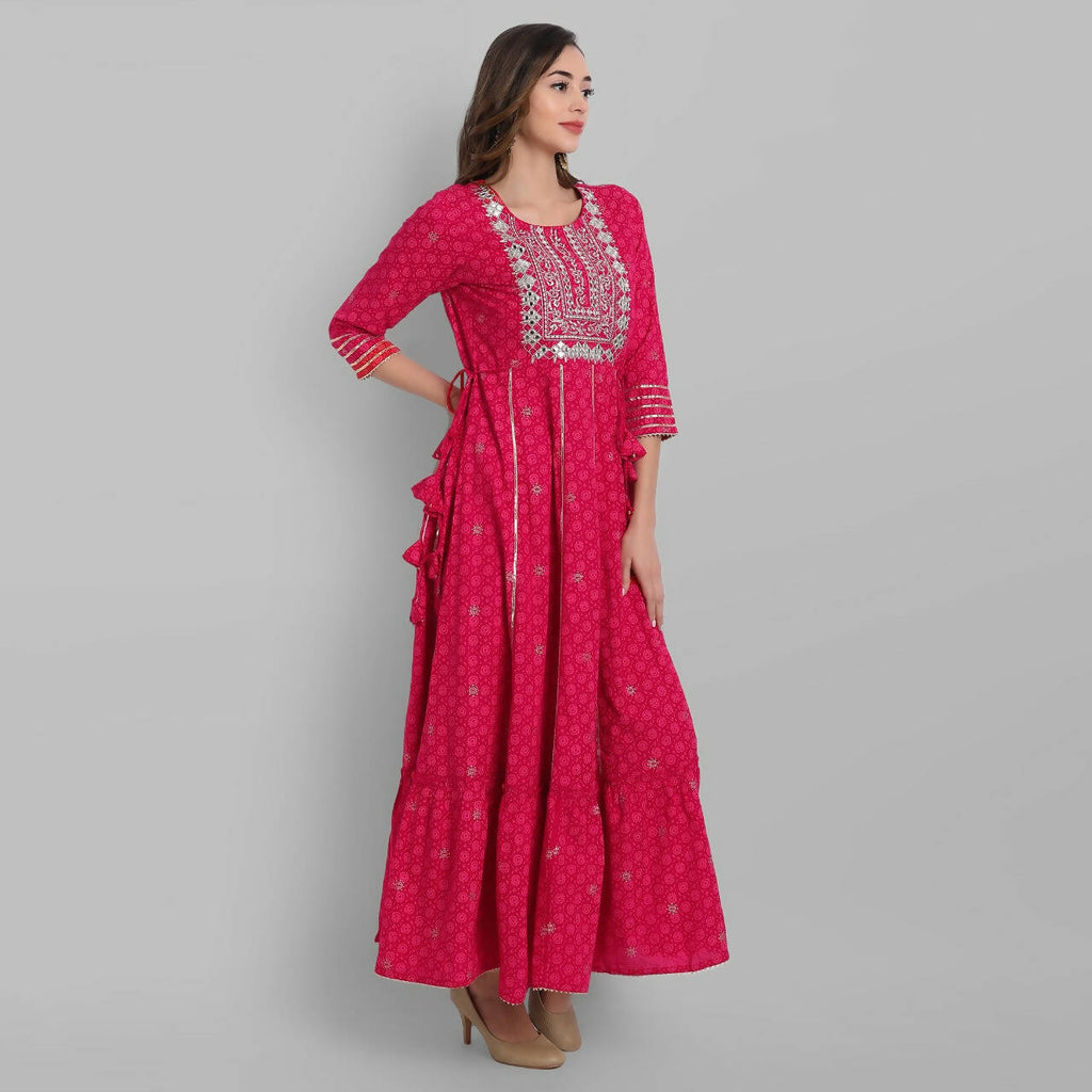 Juniper Fuchsia Rayon Festive Wear Embroidered Tiered Long Dress