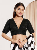 Joban Fashion Black Sequin Padded Blouse With V Neck Elbow Sleeves