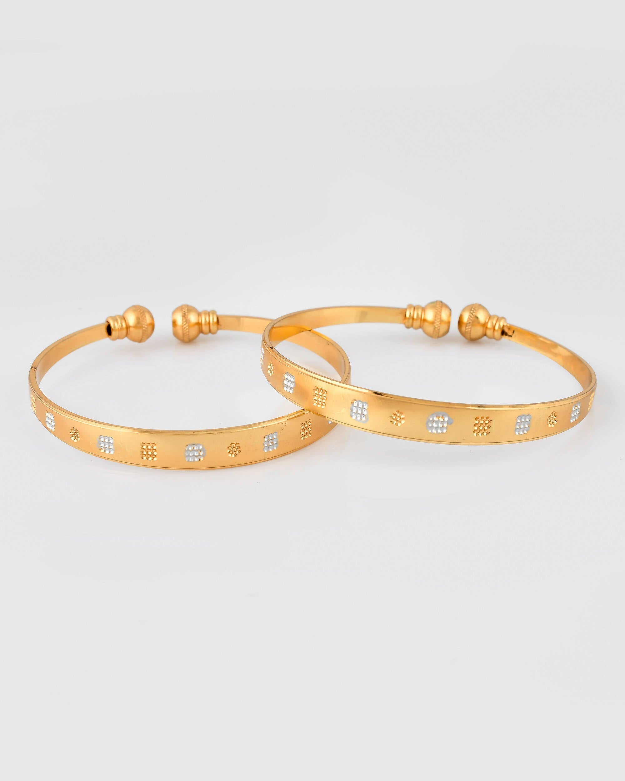 VOJ Stainless Steel Beads Gold-Polished Bangle Set (Pack of 2)