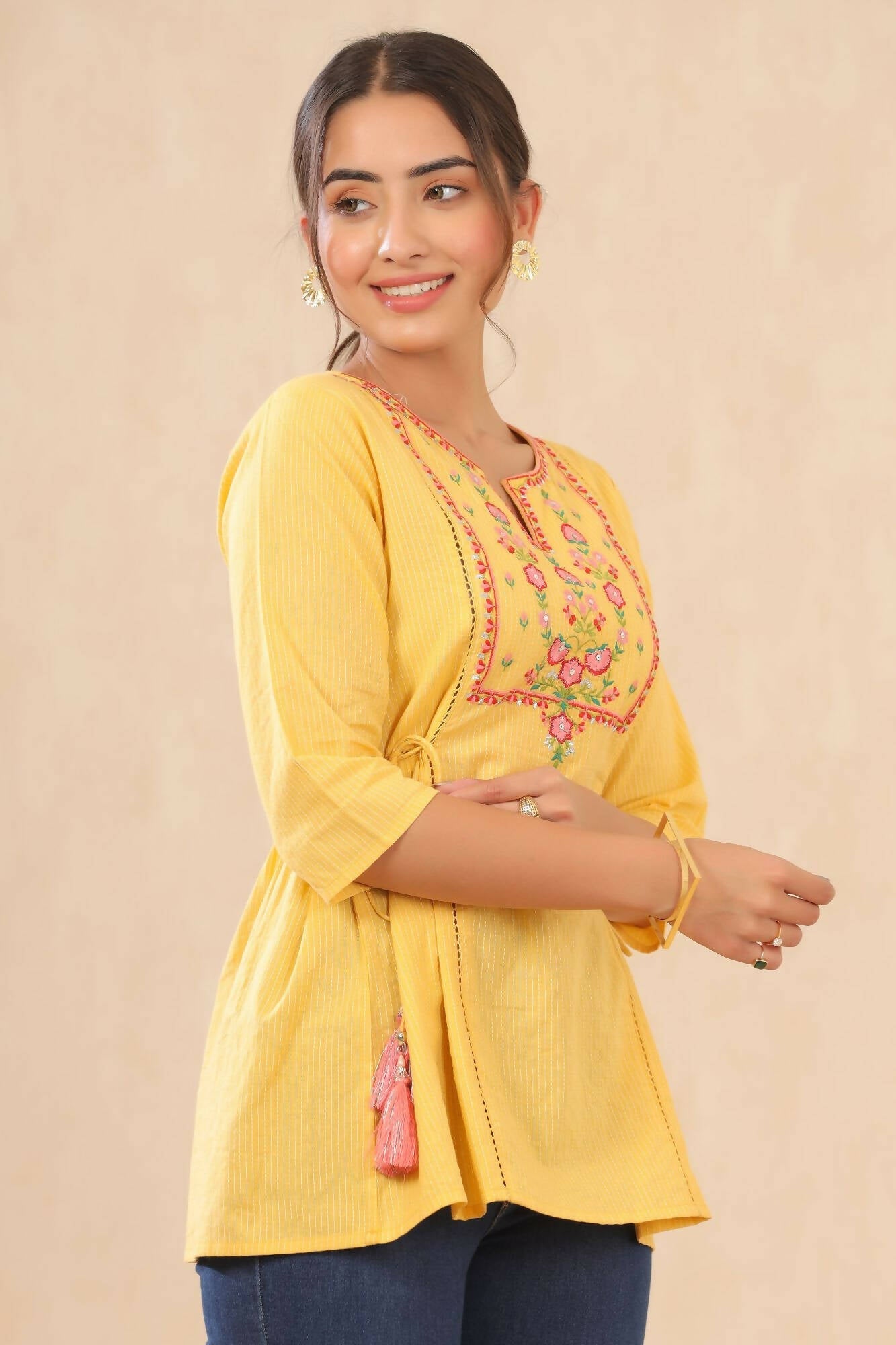 Juniper Women Yellow Cotton Dobby Embroidered A-Line Tunic