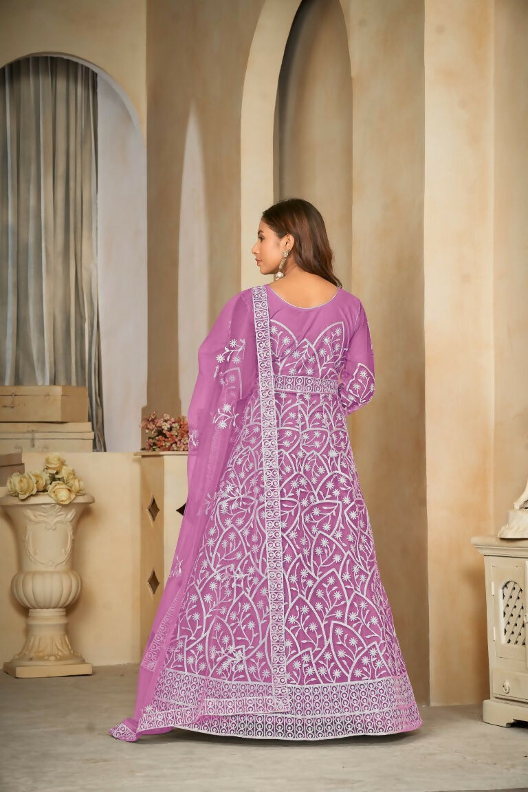 Jyoti Fashion Women's Purple Net Embroidered Anarkali Kurta Pant Set With Dupatta