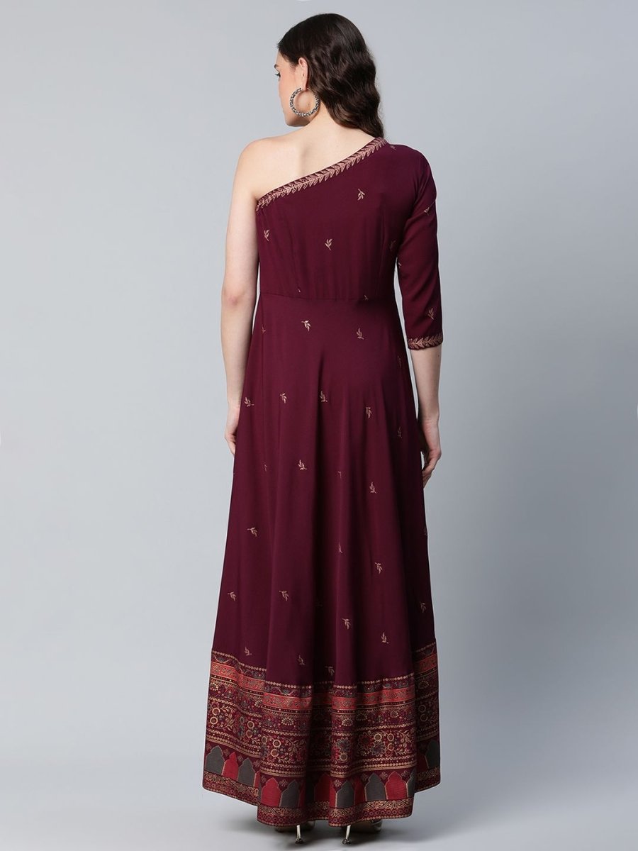 Ahalyaa Women Burgundy & Gold-Toned Ethnic Motifs One Shoulder Ethnic Maxi Dress