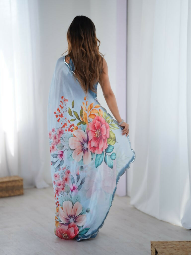 Blue Chinon Designer Digital Printed,Mirror Cut Work Saree - Manvika