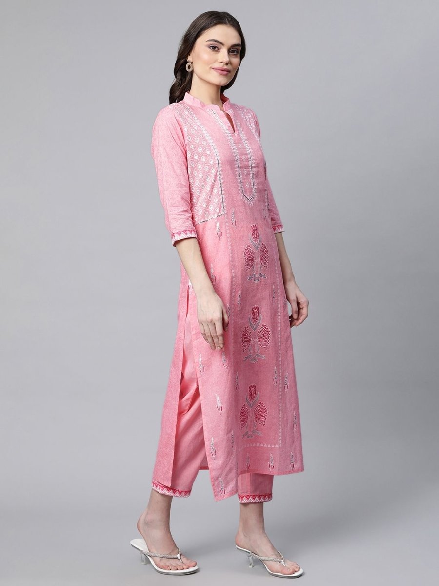 Ahalyaa Women Light Pink Colour Pure Cotton Printed Kurta Pant Set With Dupatta