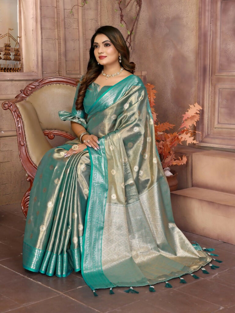 Anaita Light Blue Tissue Silk With Zari Weaving Saree With Blouse
