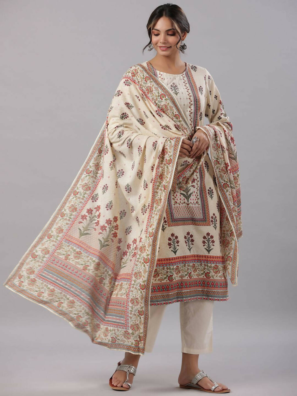 Juniper Women's Beige Cambric Floral Placement Printed Straight Fit Kurta Sets
