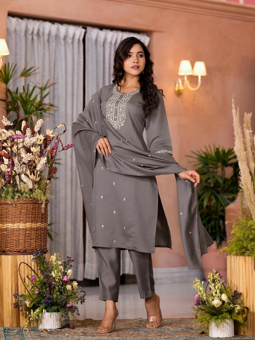 Juniper Women's Dark Grey Zari Embroidered Viscose Kurta Pant And Dupatta Set