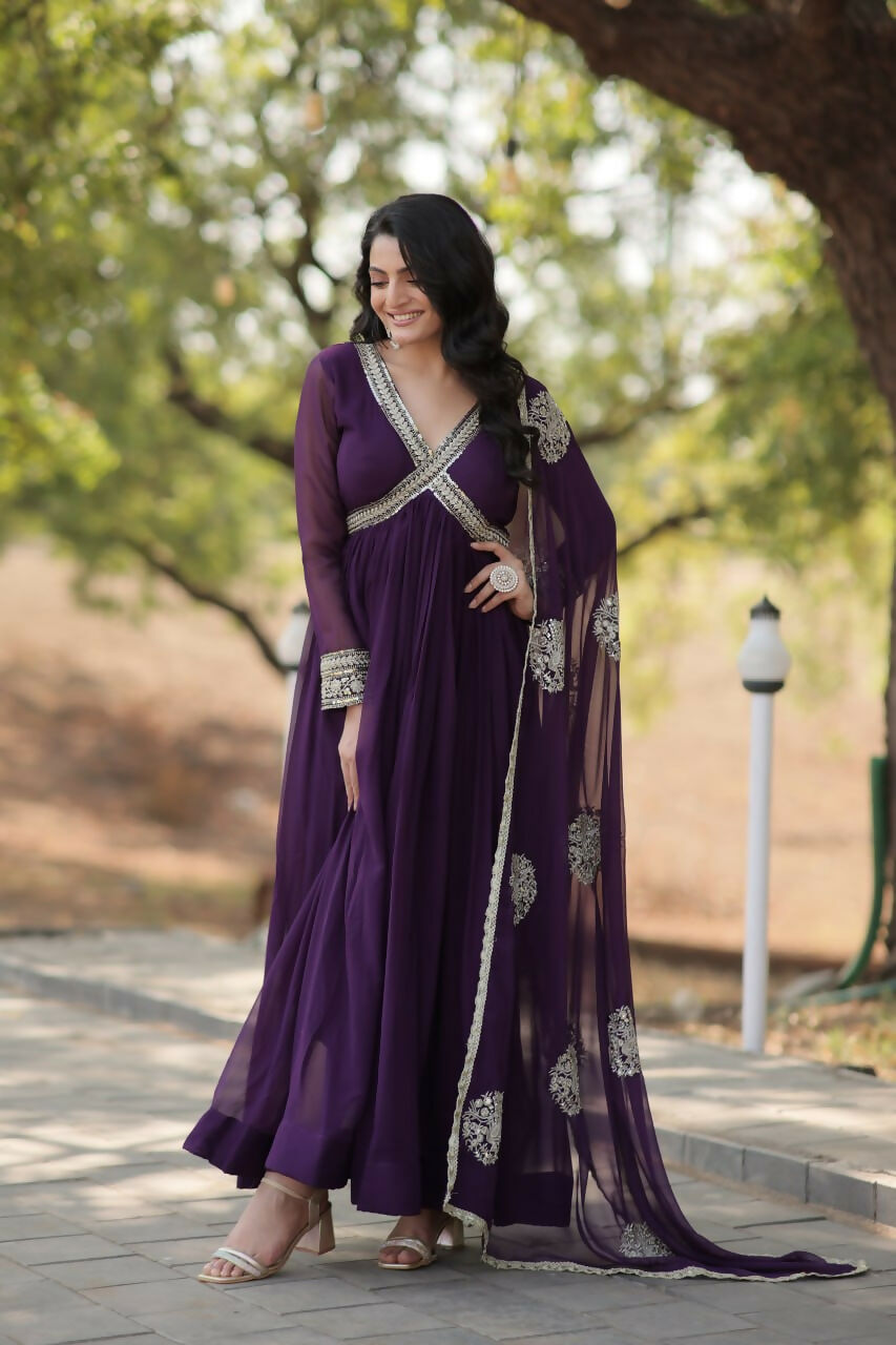 Vastranavya Faux Blooming with Embroidery Zari Sequins-work Gown with Dupatta - Purple