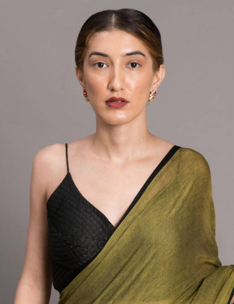 Suta Olive Green Black Solid Pure Cotton Saree