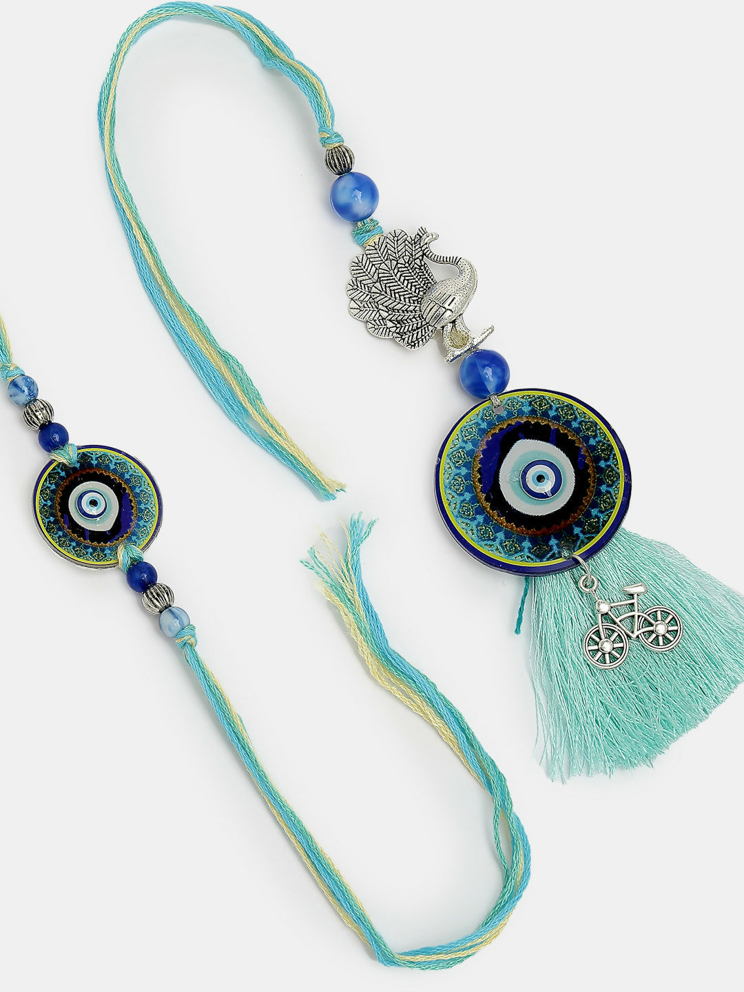 NVR Women & Men Set of 2 Blue Evil Eye & Beaded Bhaiya Bhabi Rakhi With Roli Chawal & Chocolate