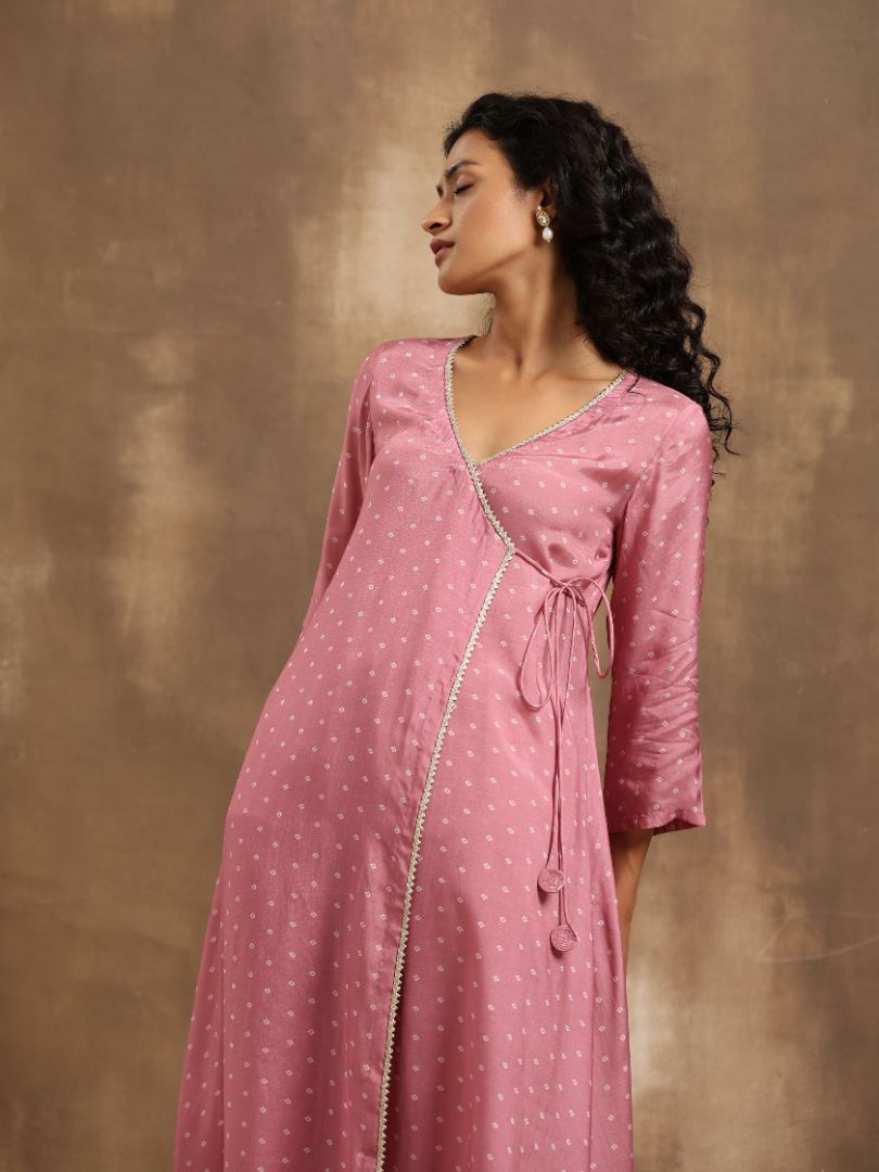 trueBrowns Light Mauve Bandhani Printed Silk Angrakha Kurta Pant Set