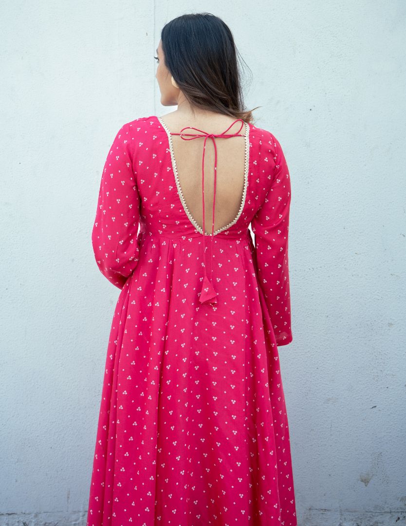 trueBrowns Pink Bandhani Printed Silk Anarkali Kurta Pant Dupatta Set