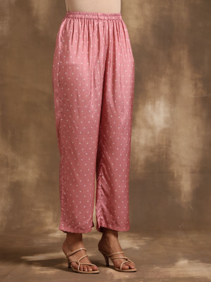 trueBrowns Light Mauve Bandhani Printed Silk Angrakha Kurta Pant Set
