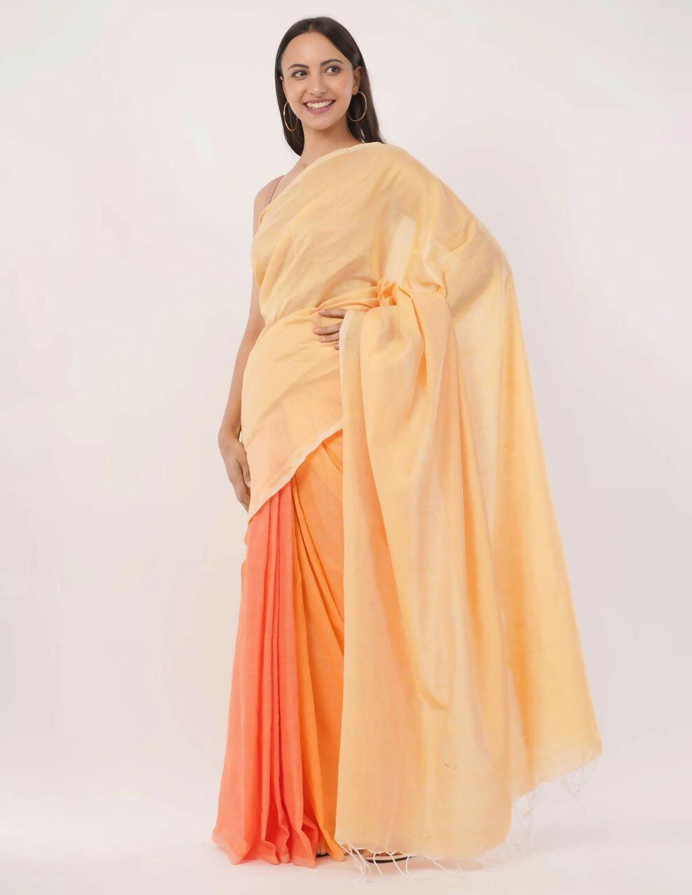 Exclusive Collection Beautiful Khadi Cotton Cream Light Orange Light Yellow Handloom Saree