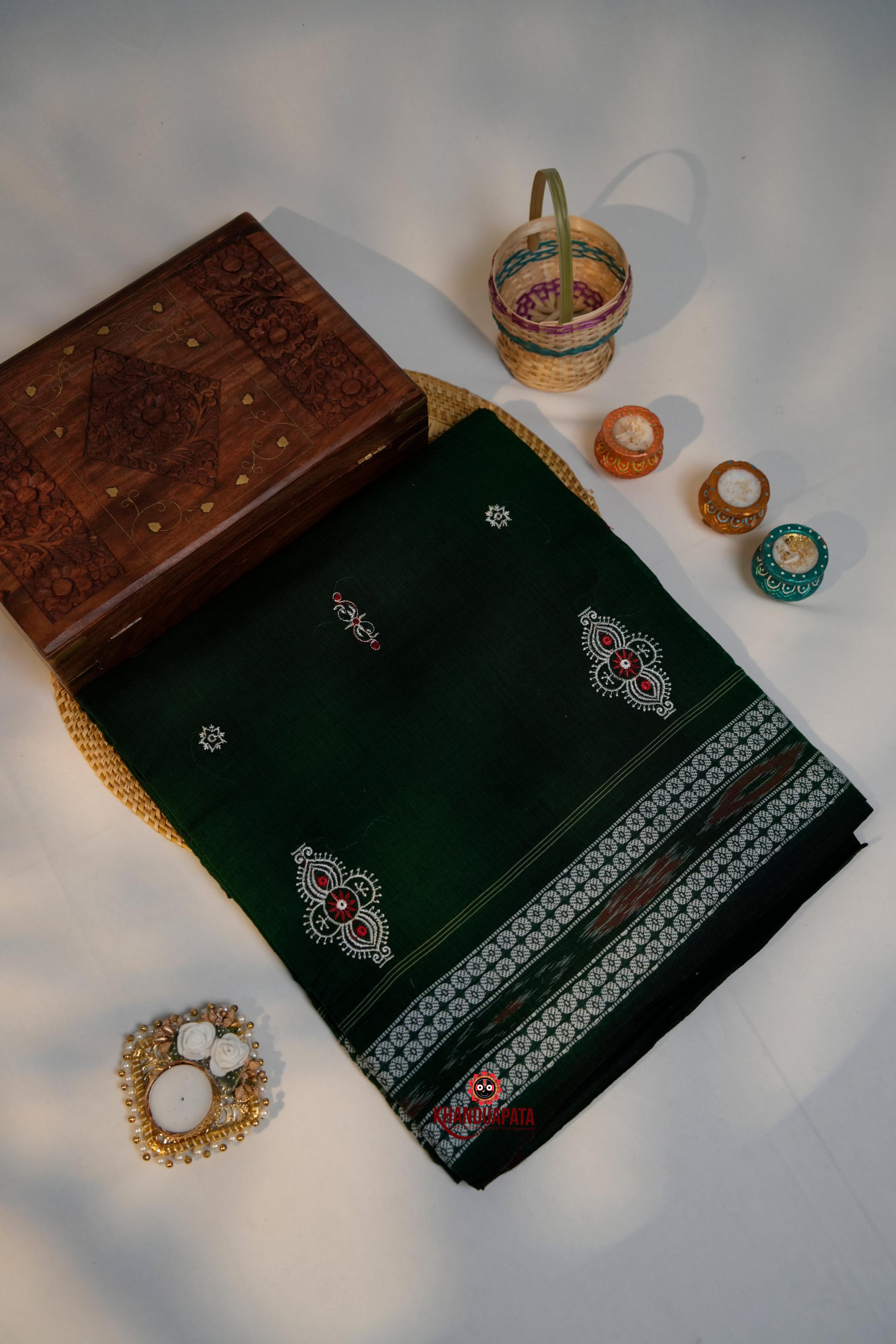 khanduapata Green & Black Embroidery Design Cotton Saree For Women