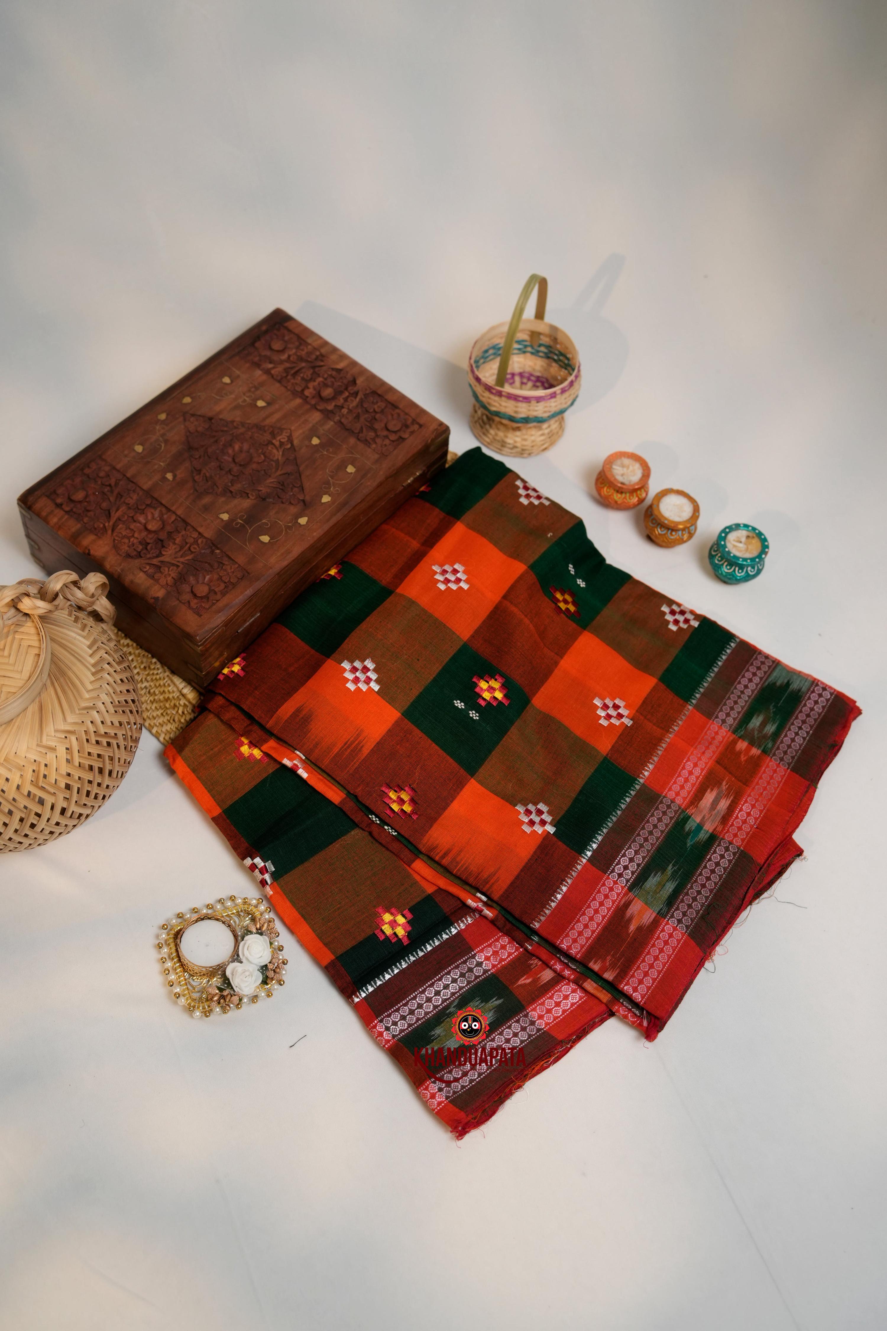 khanduapata Orange & Green Colour Check Design Cotton Saree For Women