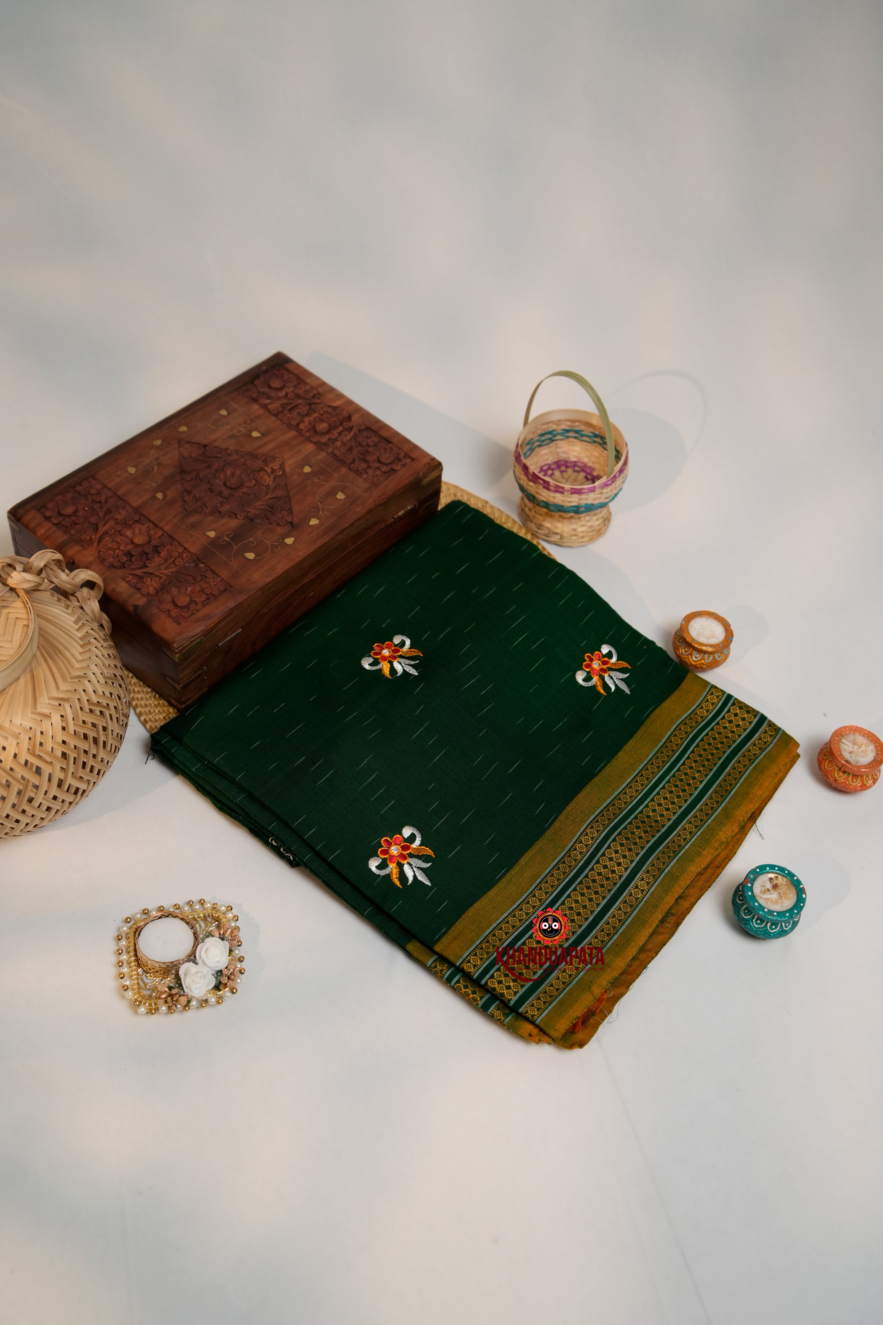 khanduapata Green Colour Flower Design Cotton Saree For Women