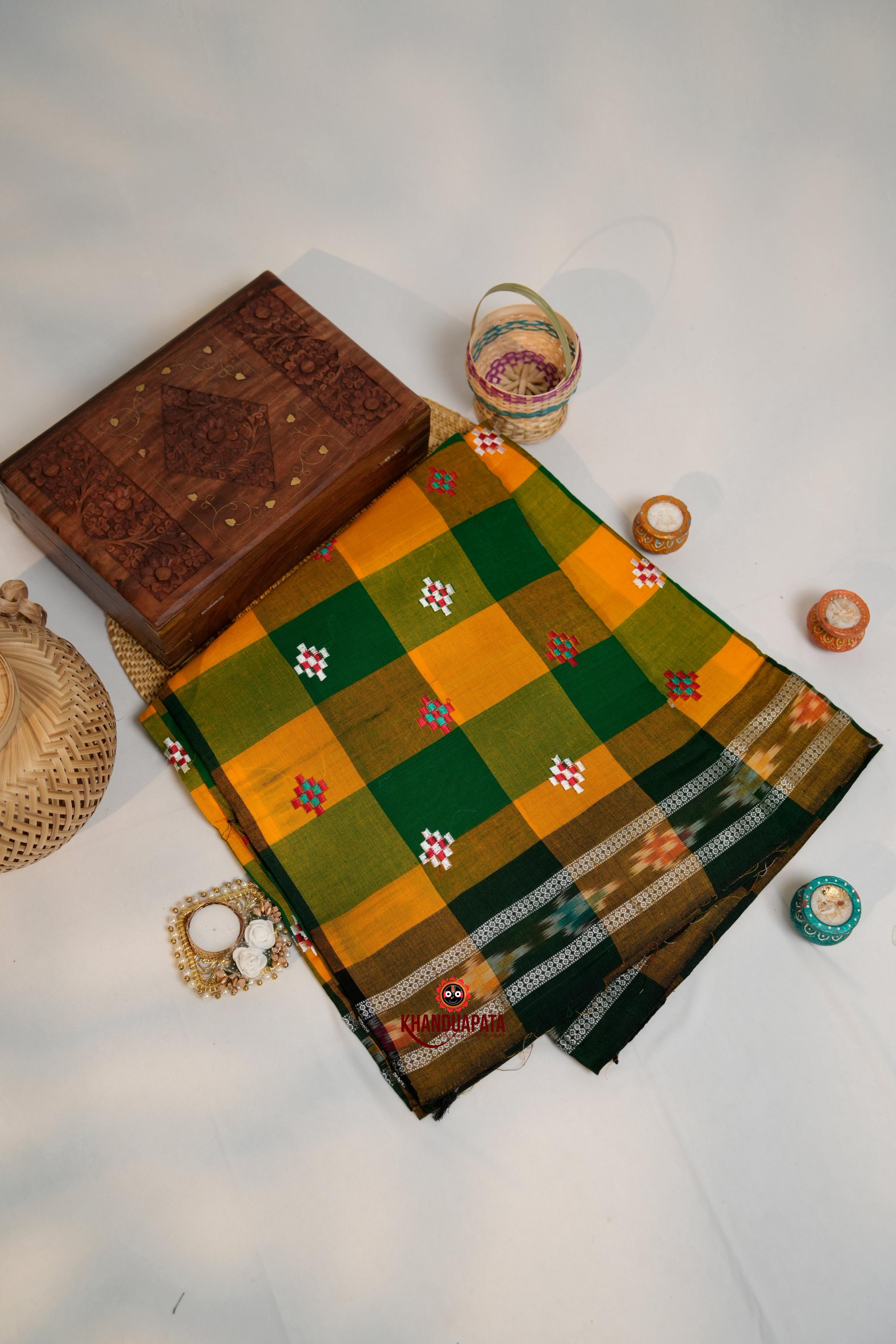 khanduapata Green & Orange Colour Check Design Cotton Saree For Women