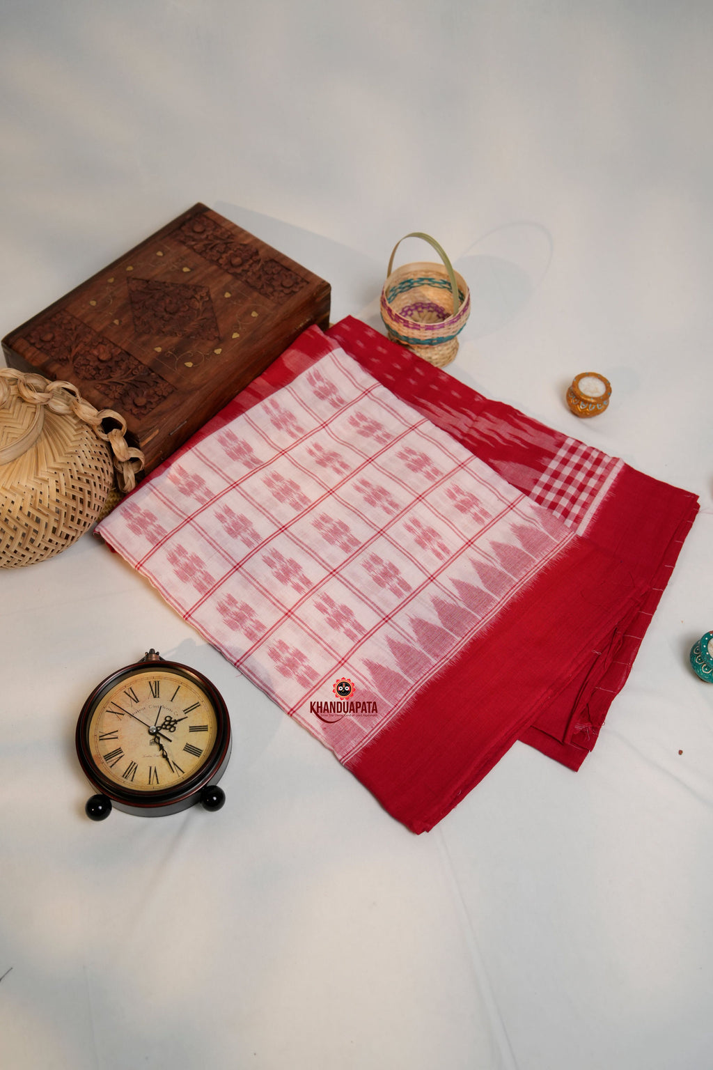 khanduapata Red & White Colour Pasapali Border Cotton Saree For Women
