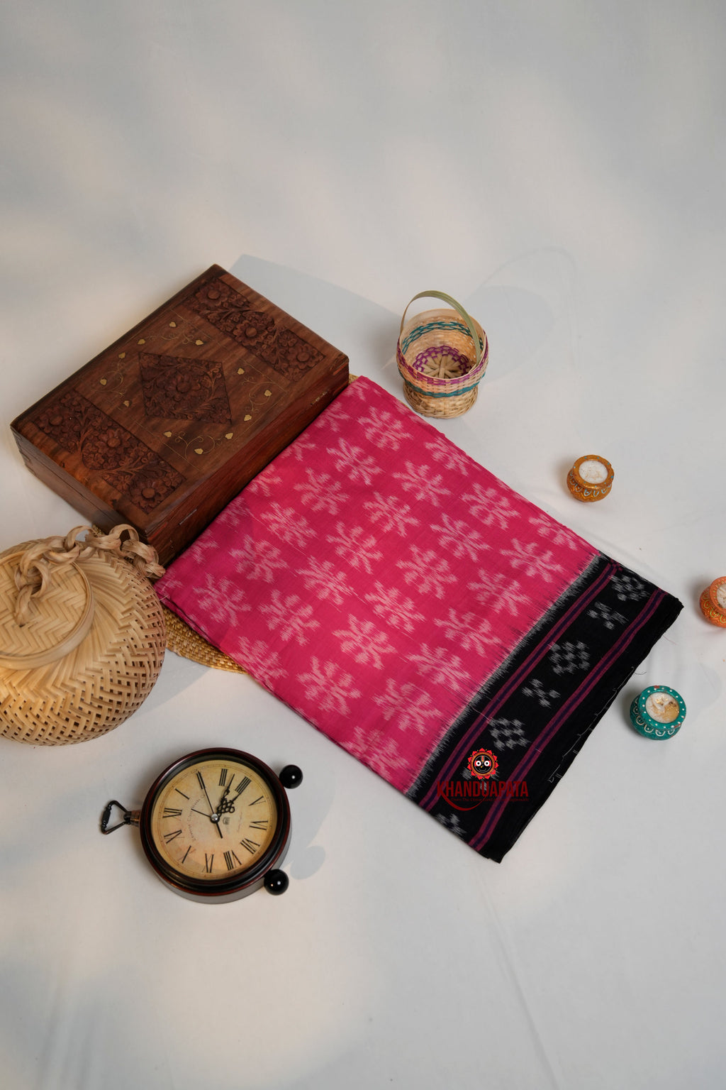 khanduapata Pink & Black Colour Flower Design Cotton Saree For Women