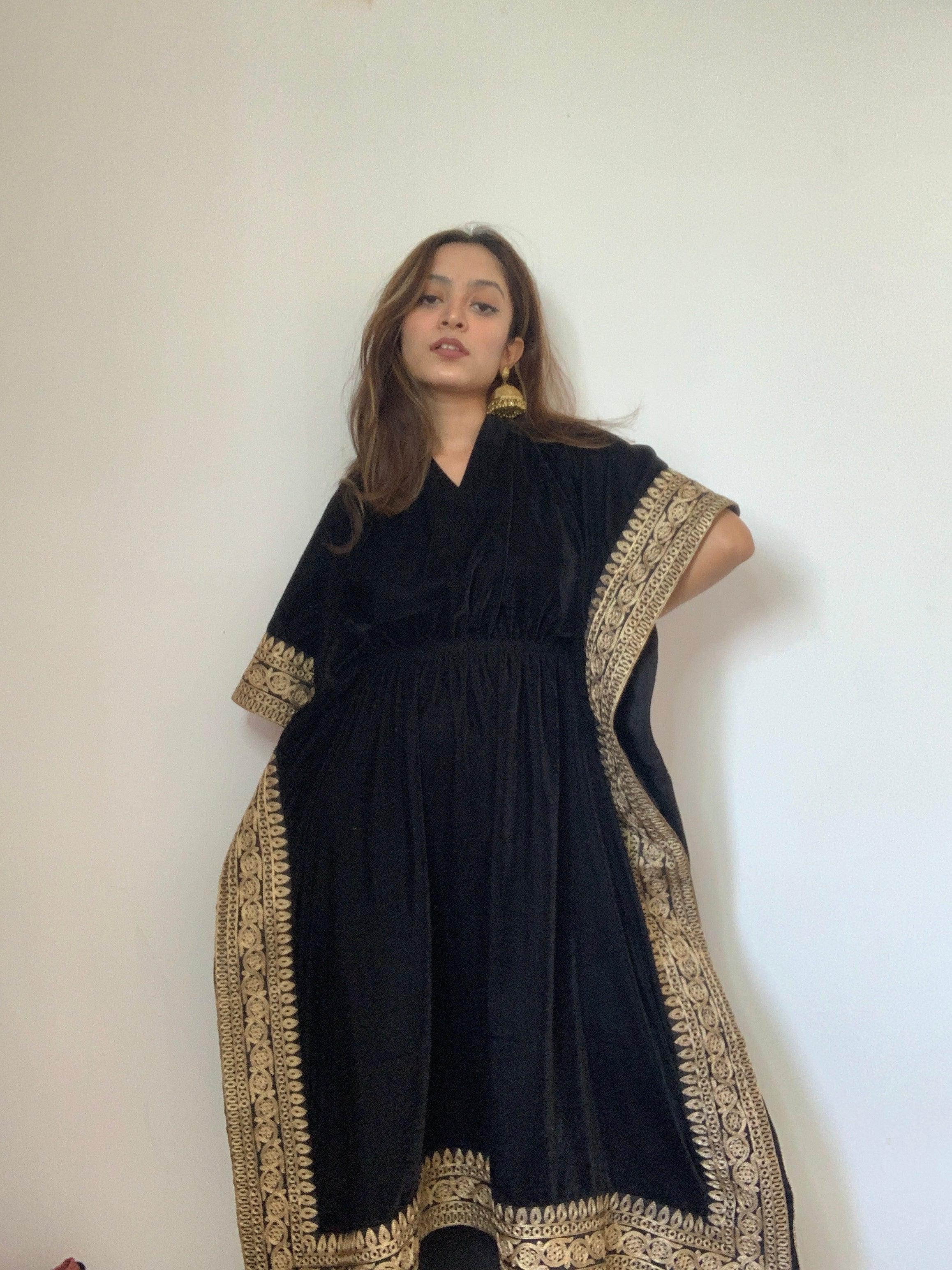 trueBrowns Black Velvet Embroidered Lace Kaftan