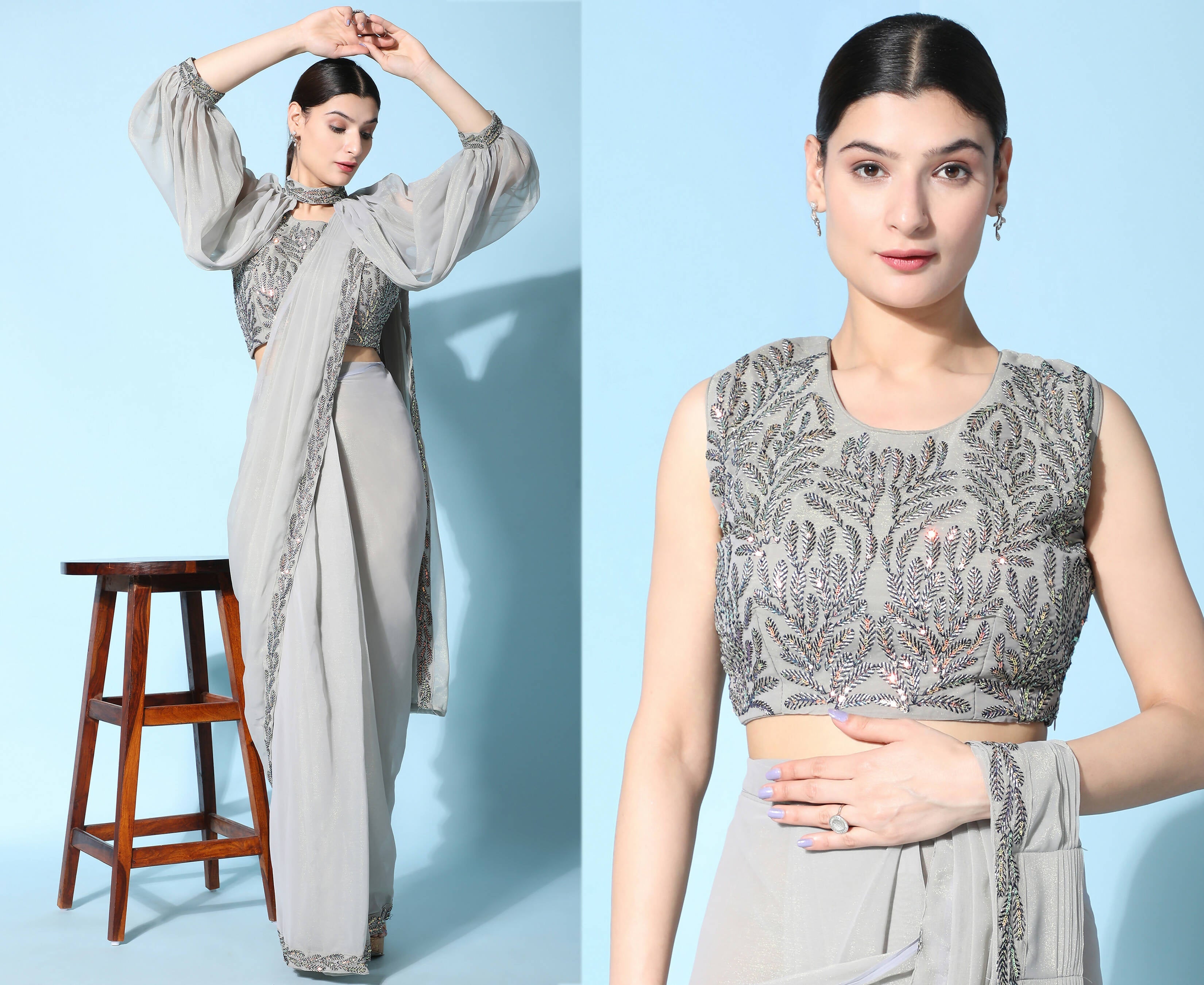Grey Fancy Pure Fabric Plain Ready to wear Saree with stitched Blouse - Vrinda