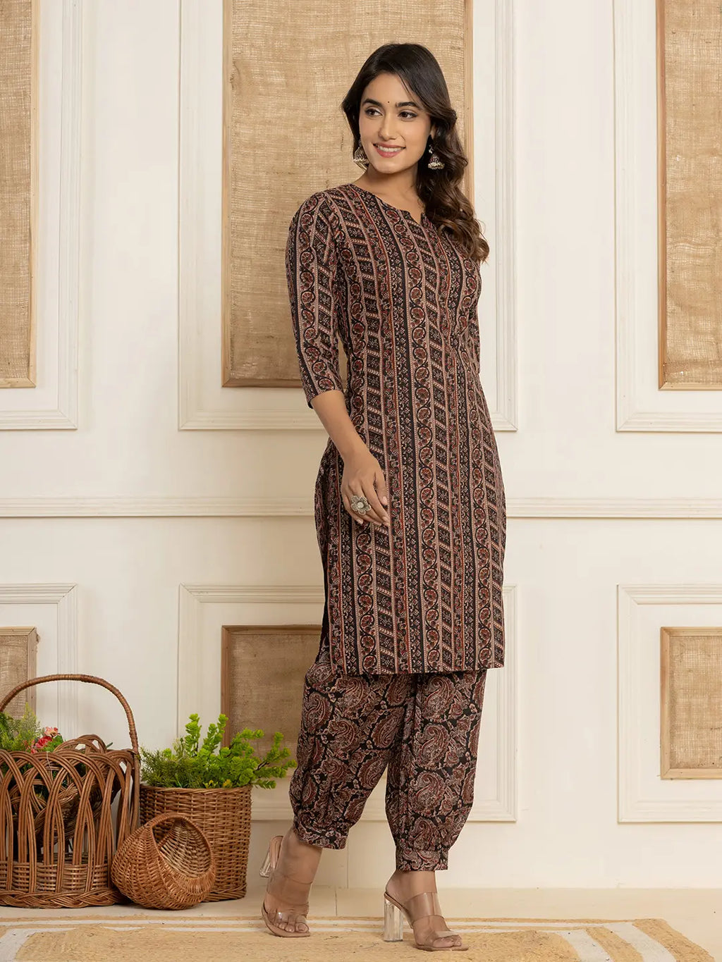 Yufta Cotton Black Workwear Kurta Set With Comfortable Harem Pants