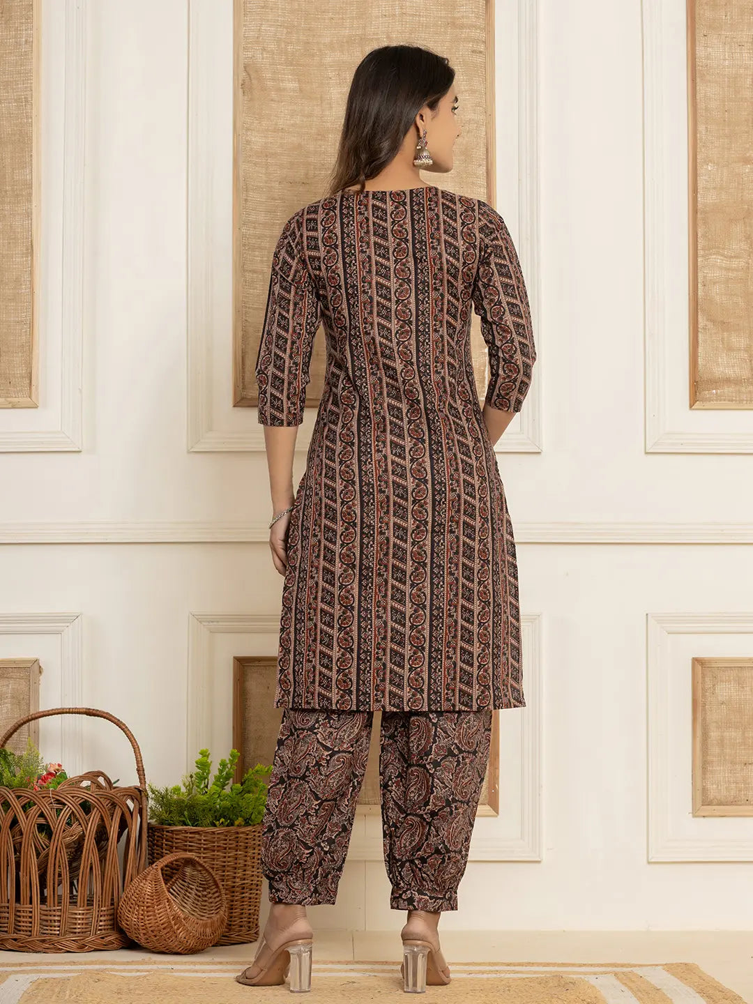 Yufta Cotton Black Workwear Kurta Set With Comfortable Harem Pants