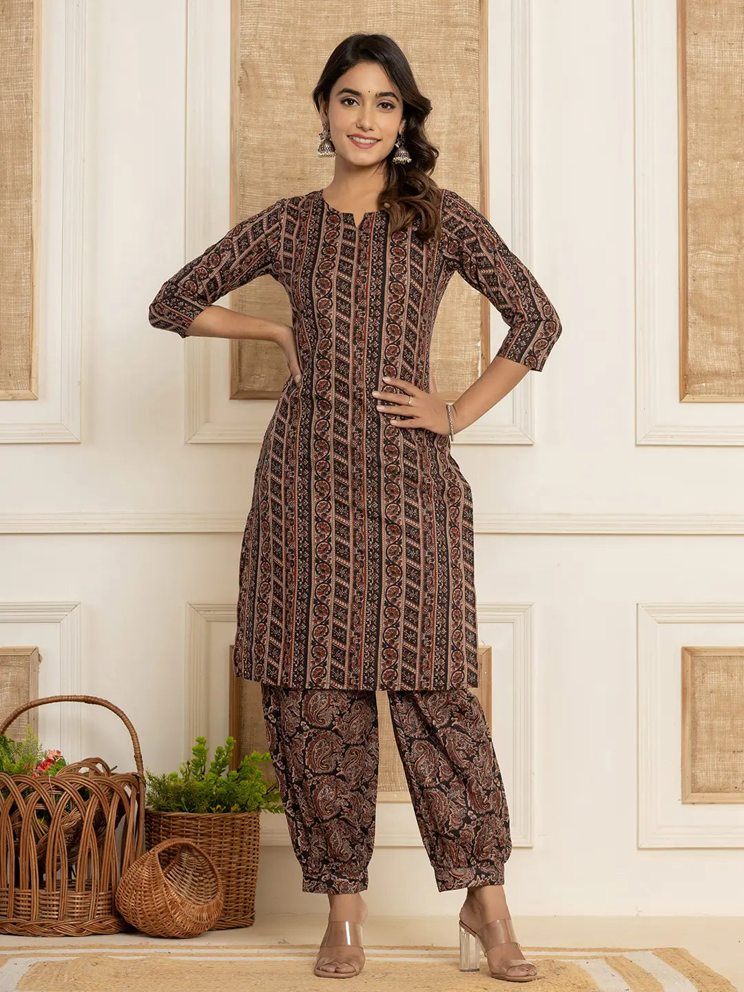 Yufta Cotton Black Workwear Kurta Set With Comfortable Harem Pants