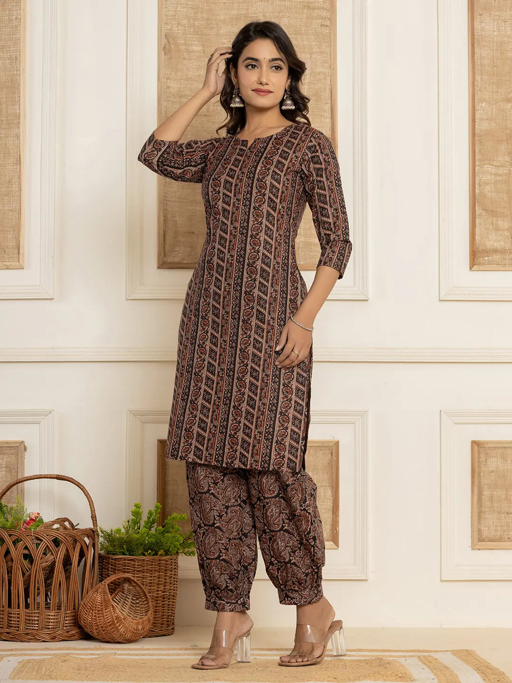Yufta Cotton Black Workwear Kurta Set With Comfortable Harem Pants