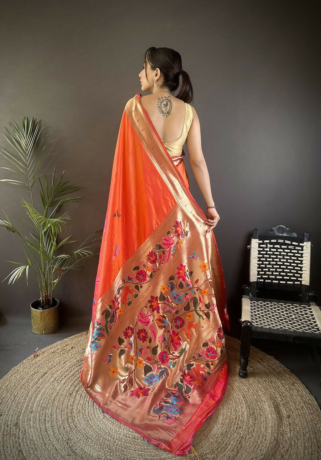 Joban Fashion Orange Floral Paithani Sarees