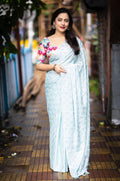 Blue Poly Crepe Ethnic Motifs Saree with Unstitched Blouse - Hiral Fashion