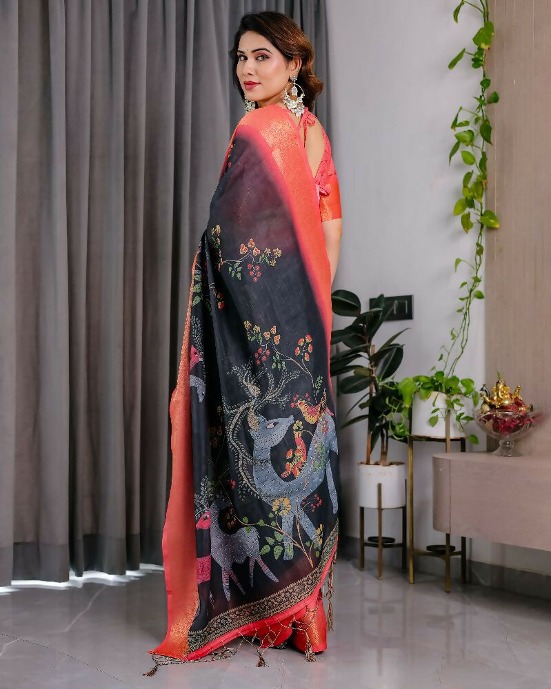 PR Fashion Black Pure Handloom Linen Saree