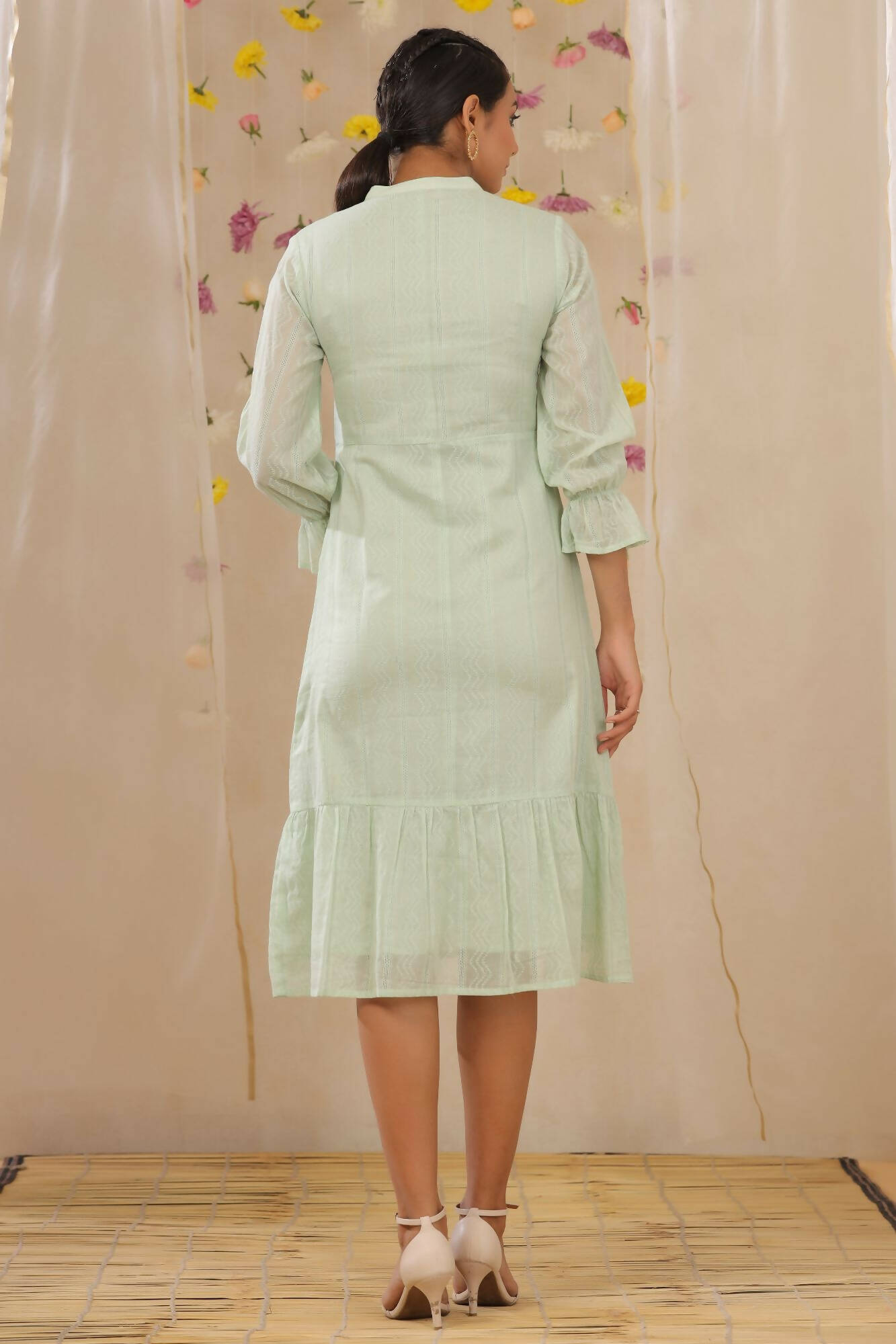 Juniper Women Sagegreen Cotton Dobby Woven Design A-Line Dress