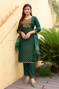 Jyoti Fashion Women's Bottle Green 14KG Rayon Foil Print with Embroidery Kurta Set