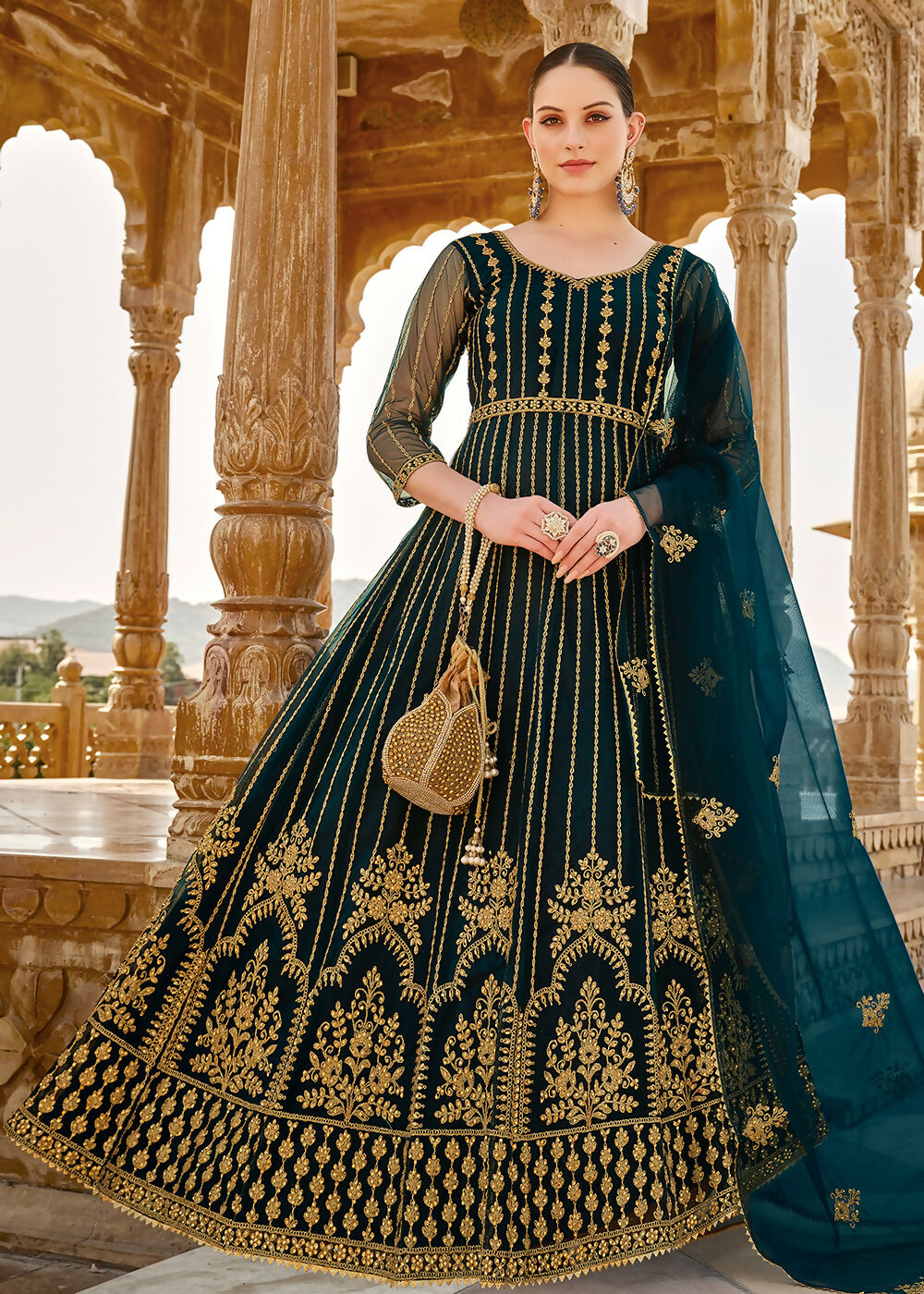 Heavy Stone Embroidered Peacock Blue Designer Anarkali Suit - Emponline