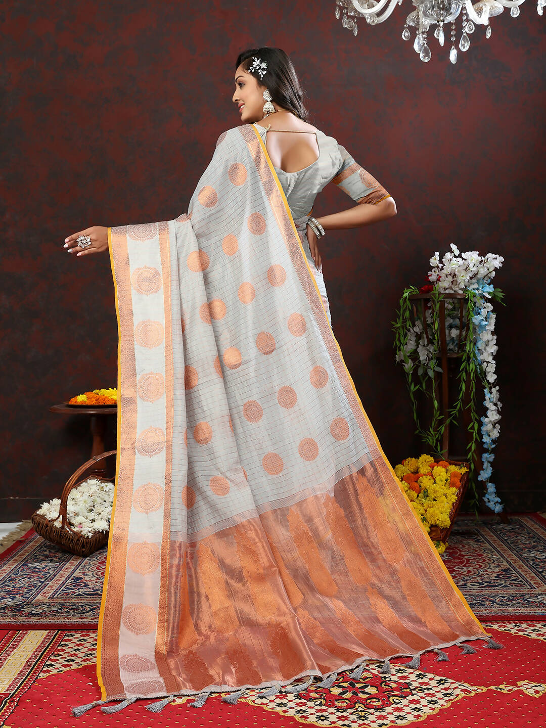 Lorenvalley Fashion Grey Cotton with Woven Design Zari Weaving Saree
