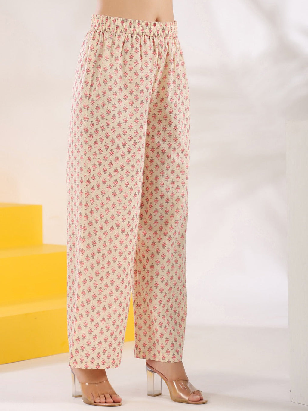 Yufta Cream And Pink Pure Cotton Floral Print A-Line Kurta Trouser Set