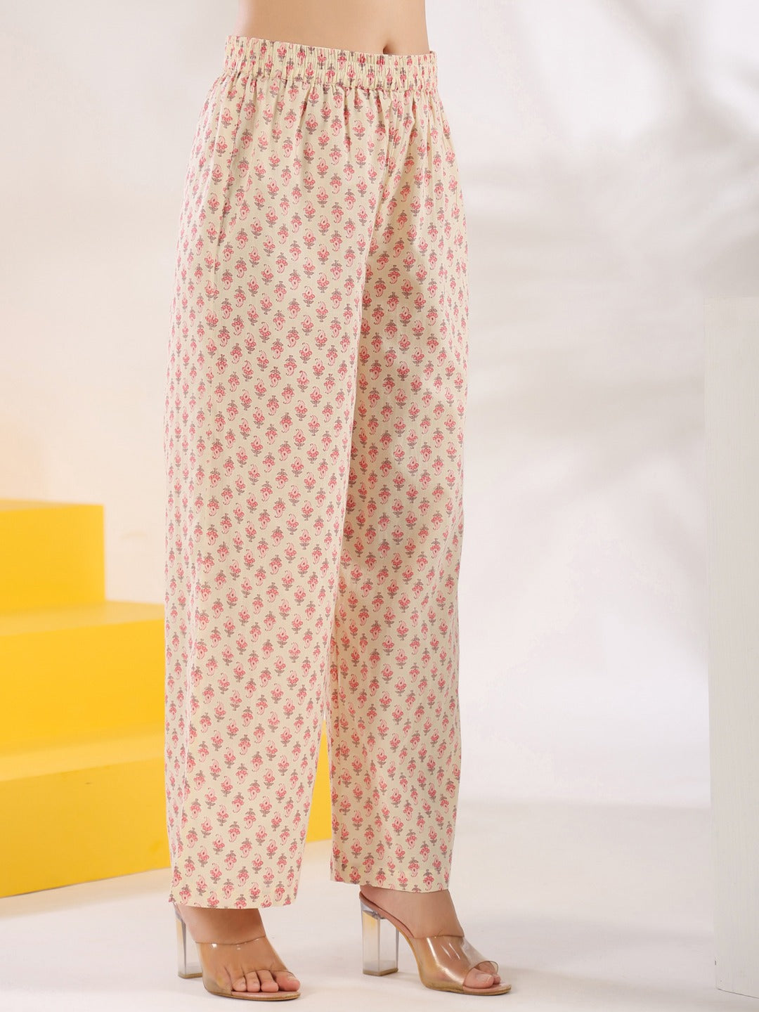 Yufta Cream And Pink Pure Cotton Floral Print A-Line Kurta Trouser Set