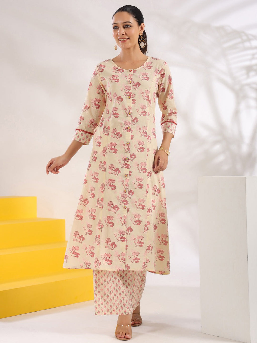 Yufta Cream And Pink Pure Cotton Floral Print A-Line Kurta Trouser Set