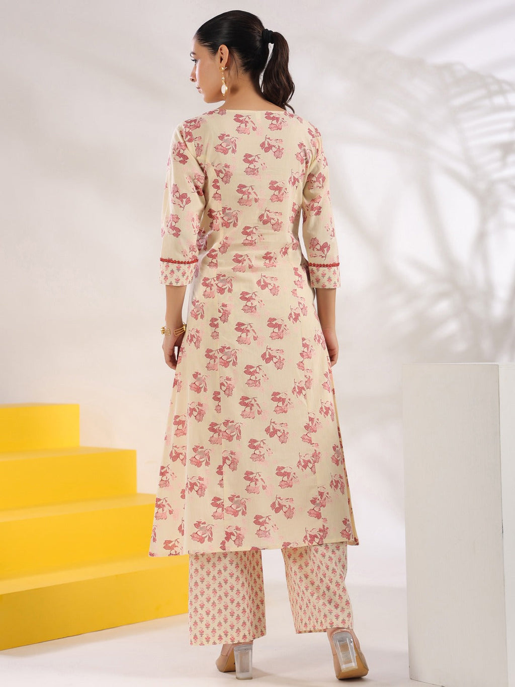 Yufta Cream And Pink Pure Cotton Floral Print A-Line Kurta Trouser Set