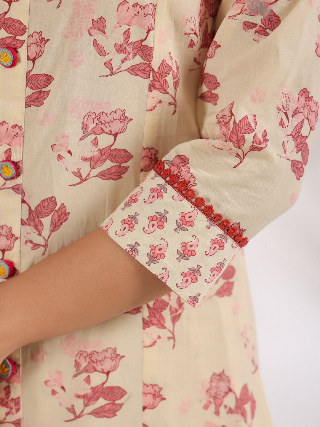 Yufta Cream And Pink Pure Cotton Floral Print A-Line Kurta Trouser Set