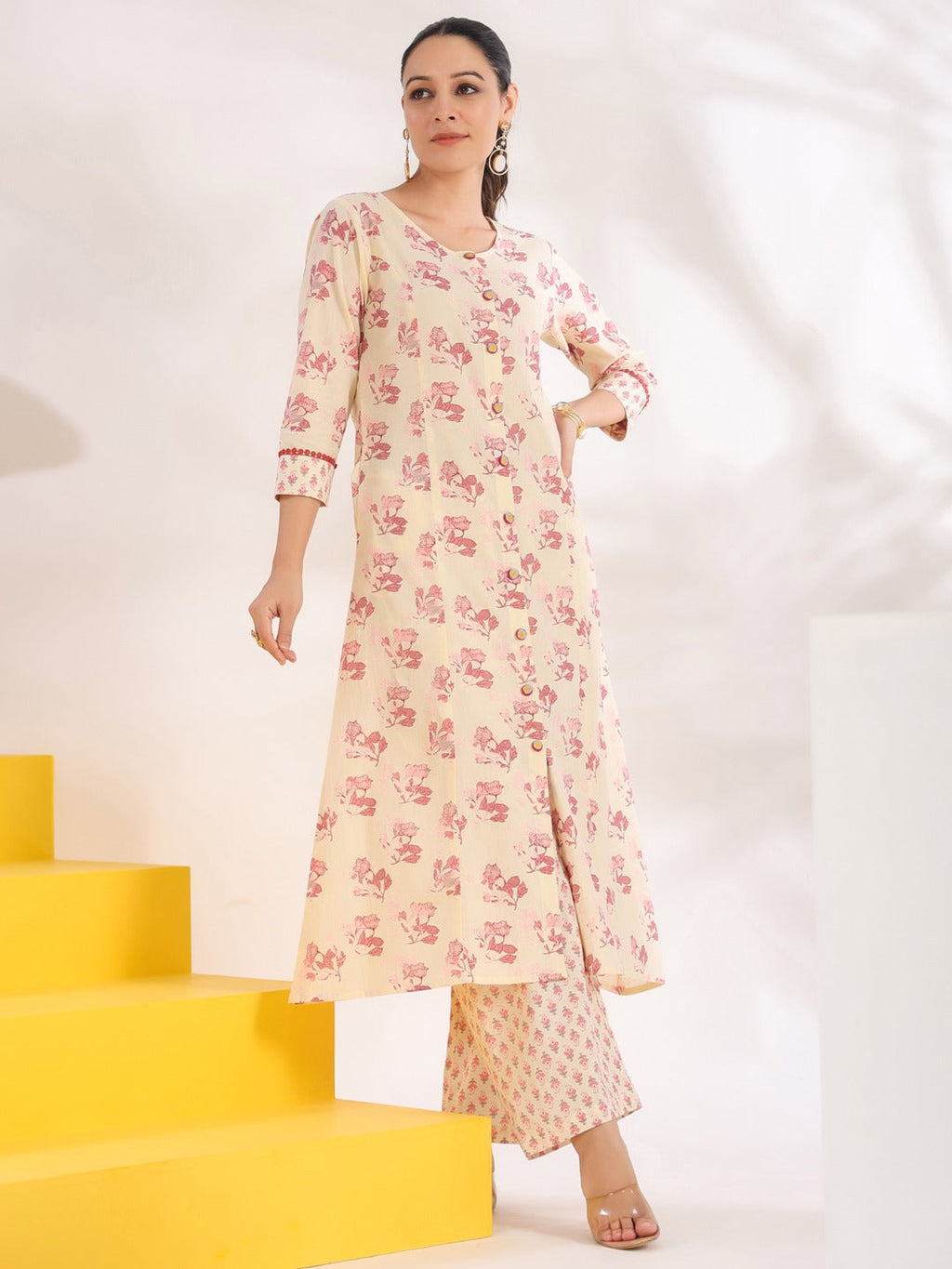 Yufta Cream And Pink Pure Cotton Floral Print A-Line Kurta Trouser Set