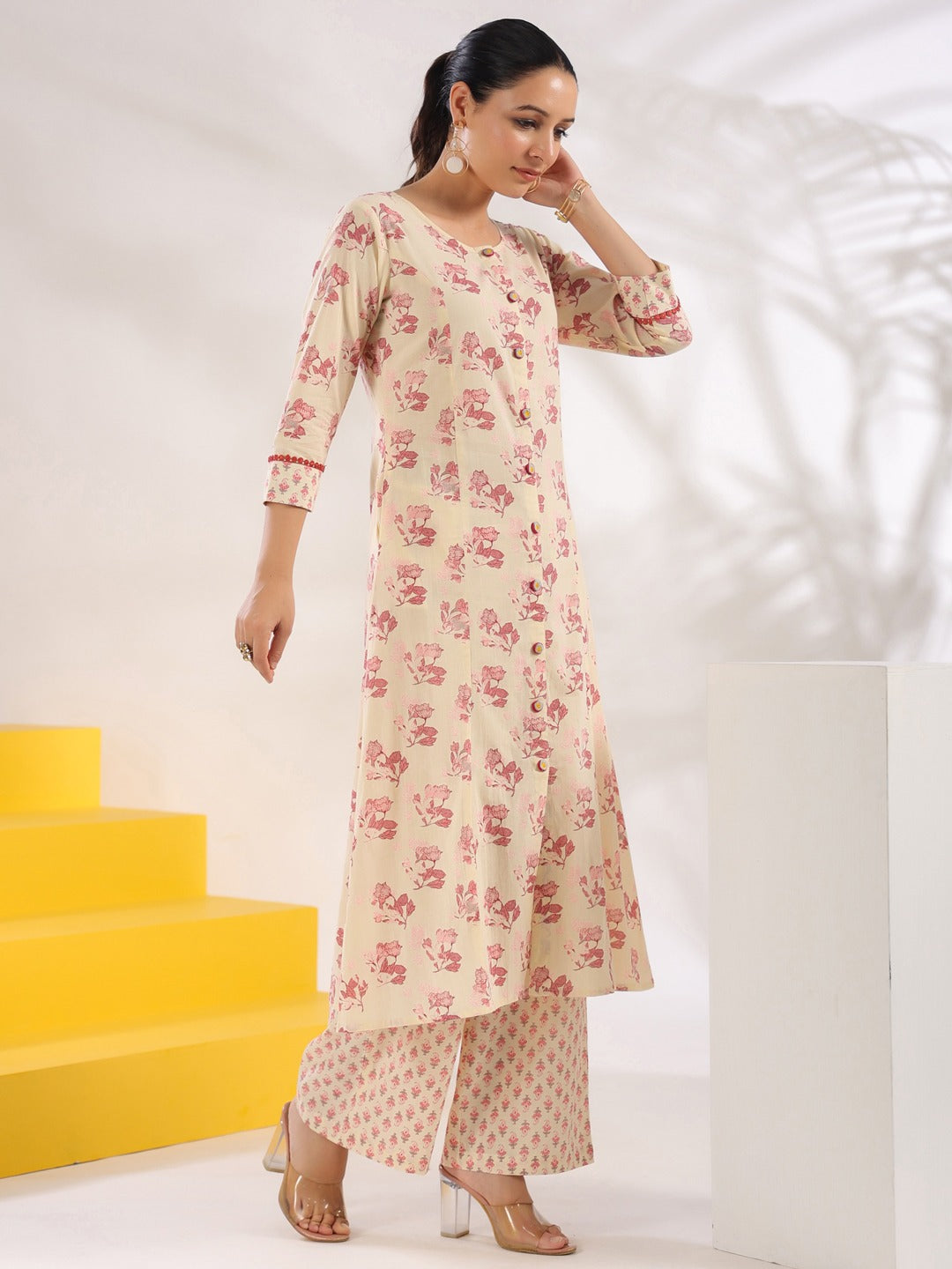 Yufta Cream And Pink Pure Cotton Floral Print A-Line Kurta Trouser Set