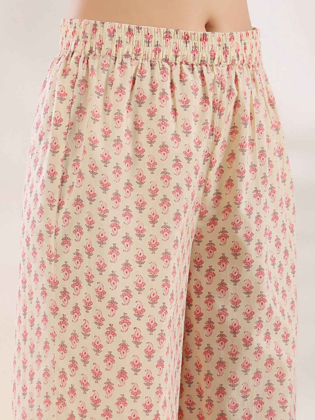 Yufta Cream And Pink Pure Cotton Floral Print A-Line Kurta Trouser Set