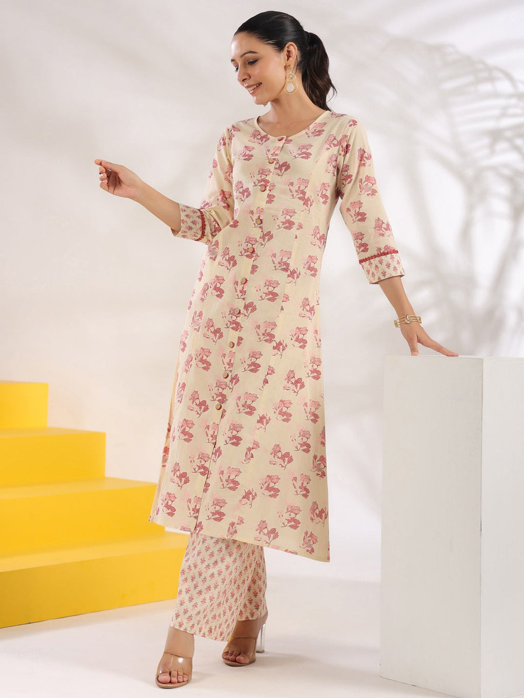 Yufta Cream And Pink Pure Cotton Floral Print A-Line Kurta Trouser Set
