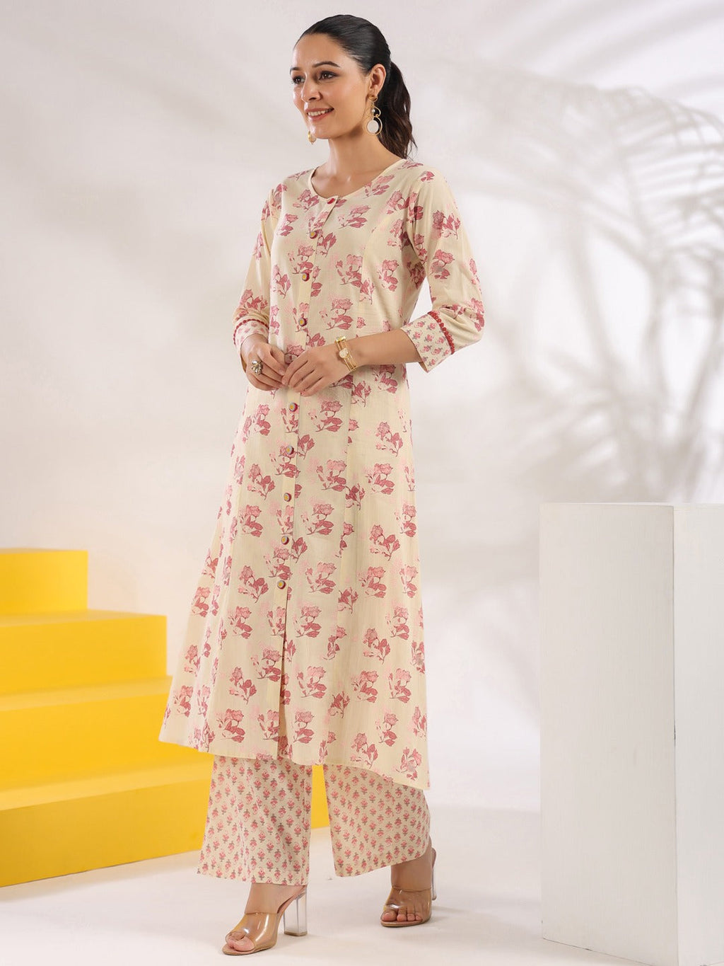 Yufta Cream And Pink Pure Cotton Floral Print A-Line Kurta Trouser Set